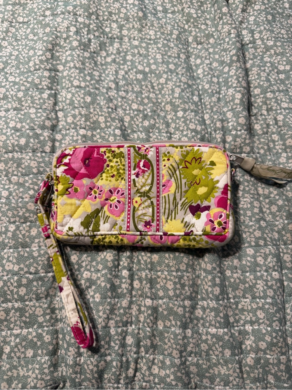 Vera Bradley Floral Quilted Wristlet in Pink, Green & Cream